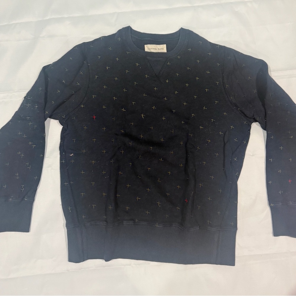Universal Works Navy Embroidered Cross Sweater - Size M